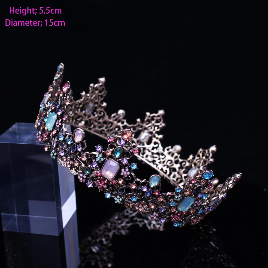 Round Colorful Crystal Rhinestone Wedding Queen Crown Headwear Retro Bridal Crown Color Headwear Crown Party Dress Hair Accessor
