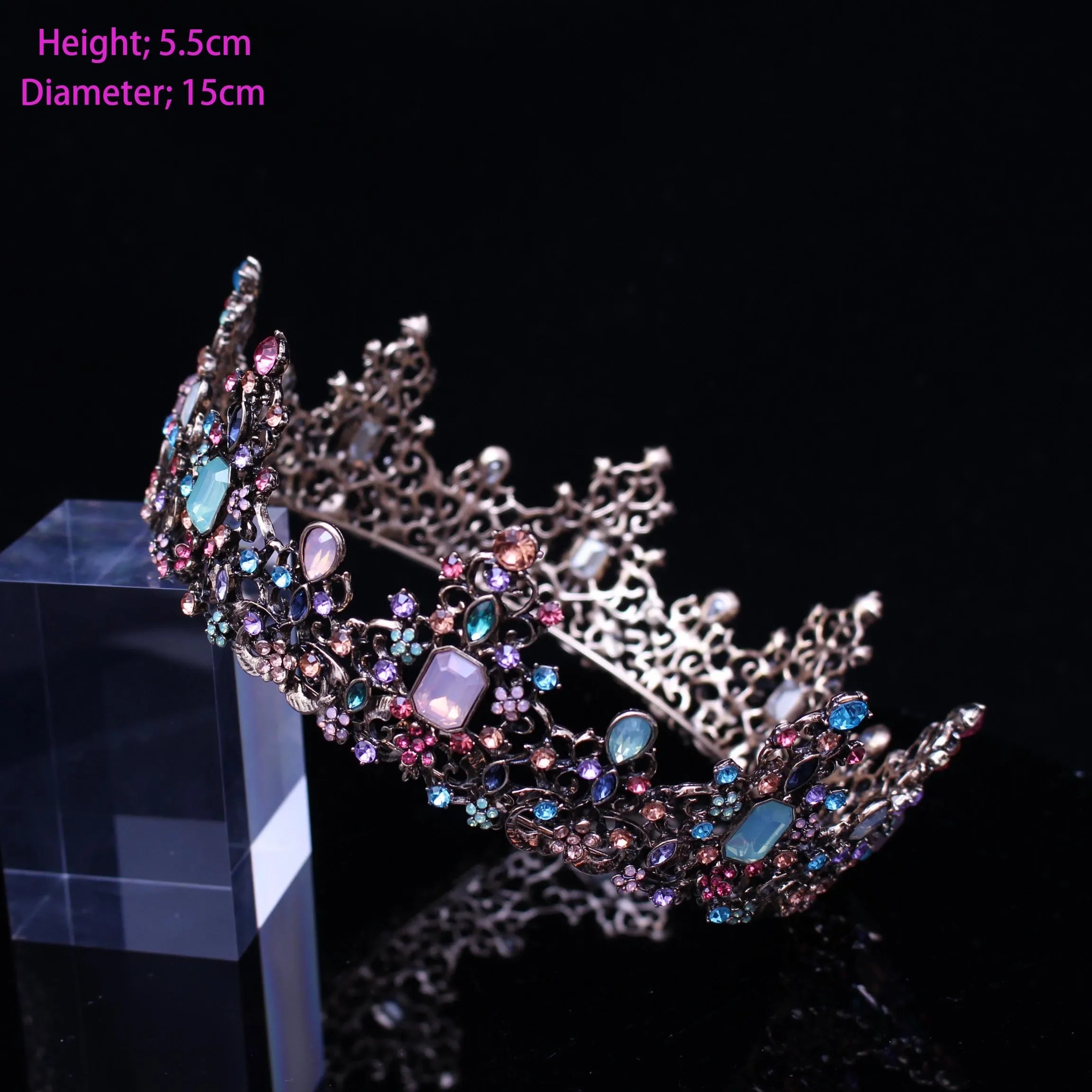 Round Colorful Crystal Rhinestone Wedding Queen Crown Headwear Retro Bridal Crown Color Headwear Crown Party Dress Hair Accessor