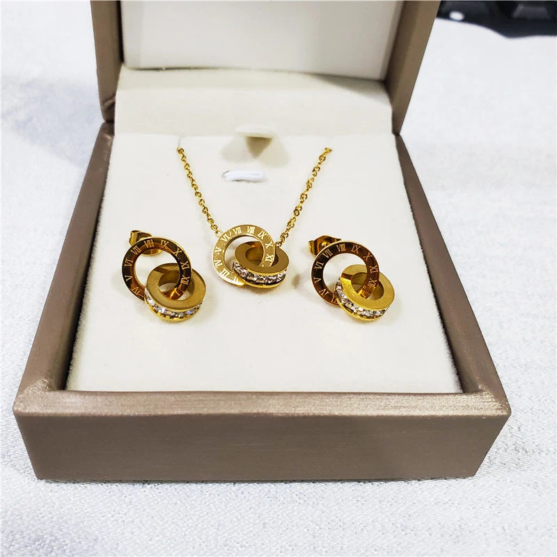 316L Stainless Steel Micro Red White Inlaid Zircon  Roman Digital Lifting Earrings Necklace Wedding Bridal Jewelry Set Luxlife Brands