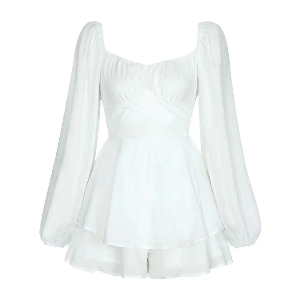 Fashion Backless Sexy White Women's Jumpsuit Summer Ruffle bandage Lantern Sleeves Women's Clothing Spring Long Sleeved Short