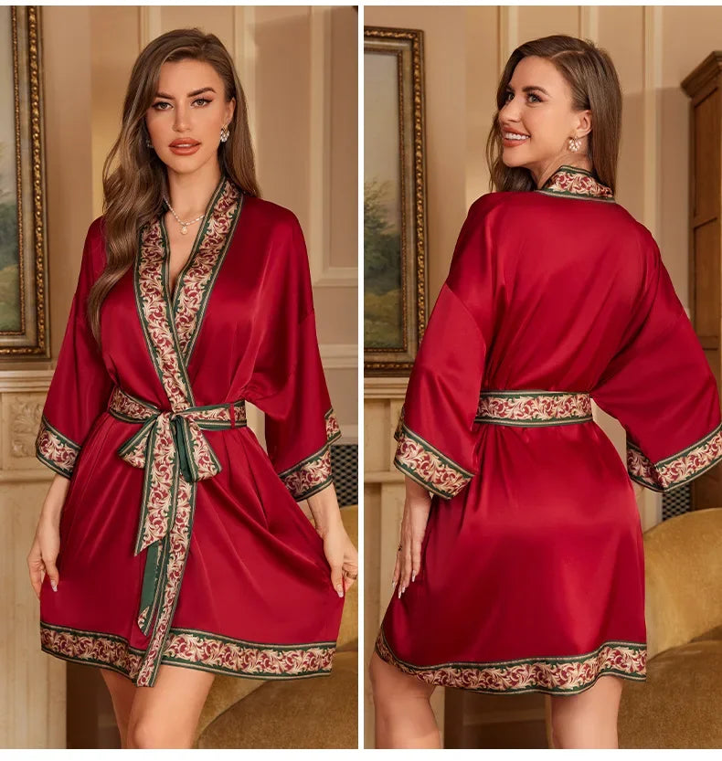 Female Robe Nightgown Summer Satin Sleepwear Loungewear Silky Printing Kimono Bathrobe Gown Yukata Sexy Casual Nightwear