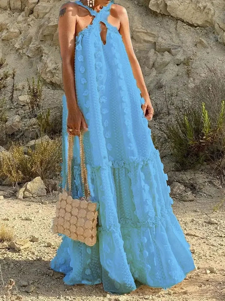 CHICEVER Patchwork Floral Dress For Female Halter Sleeveless Sexy Straight Loose Waist Maxi Dresses Women 2022 Summer Clothing