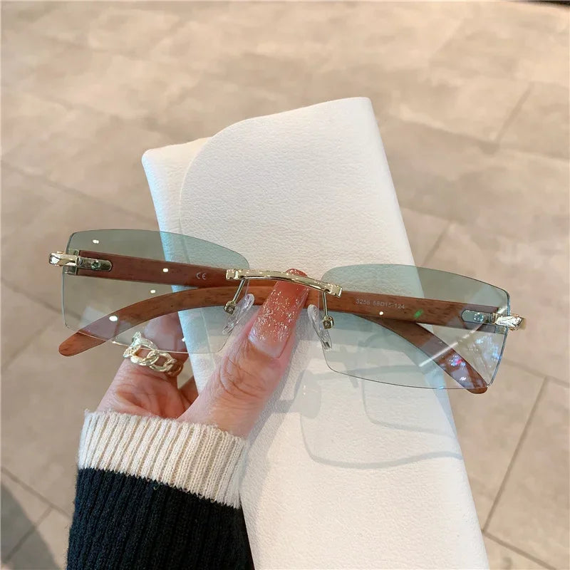 KAMMPT Rimless Sunglasses For Men Women Wooden Pattern Luxury Brand Retro Sun Glasses Fashion Shades UV400 Travel Outdoor Luxlife Brands
