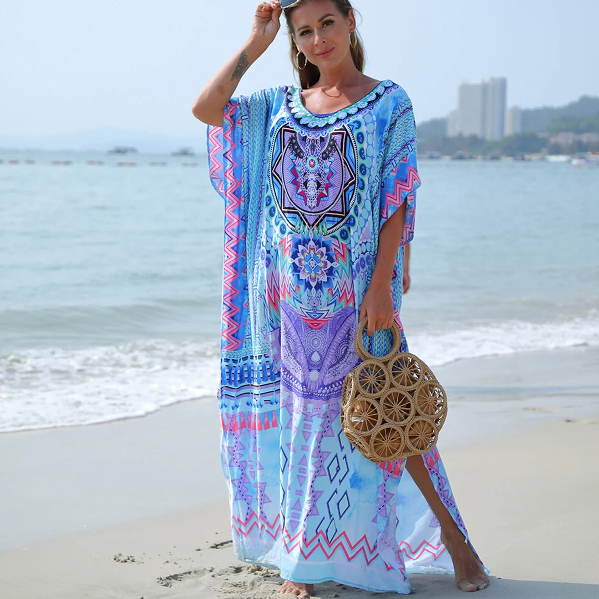 Plus Size Boho Cover Up, Women's Plus Geo Print Batwing Sleeve V Neck Split Kaftan Maxi Cover Up Dress LUXLIFE BRANDS