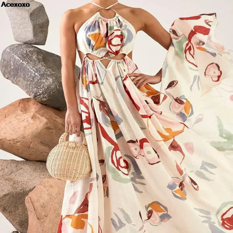 2023 summer new women's fashion casual sexy halter print slim beach dress