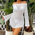Fashion Style Beachwear Cover Up Knitting Sexy Hollow Out Short Dress Women's Summer Vacation See-Through Sunscreen Smock Dress
