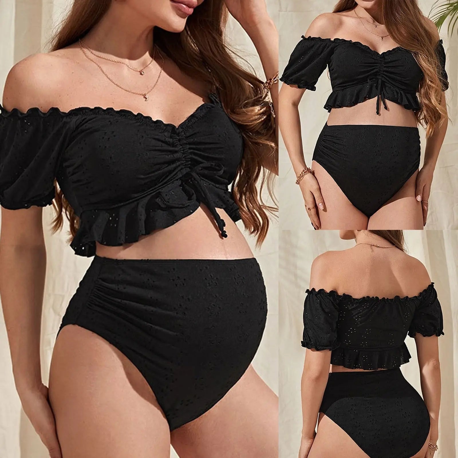 Maternity Bikini Set Tie Front Off Shoulder Two Piece Swimsuit Pregnant Women Bathers Black Bathing Suit Summer Beach Swimwear