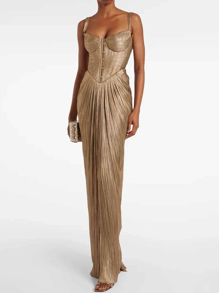 Sexy V-neck Draped Slim Suspender Dress Women Elegant Hight Waist Prom Long Dress Casual Sleeveless Backless Lace-Up Party Dress