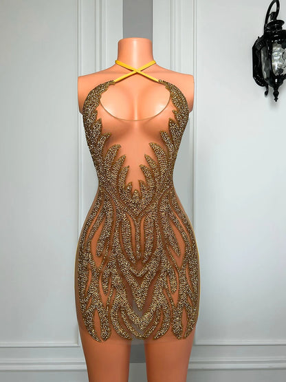 Sexy See Through Sparkly Gold Crystals Black Girls Short Prom Dresses 2024 For Birthday Party