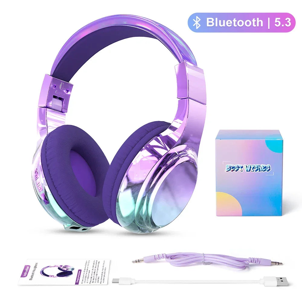 Glossy Gradient Pink Bluetooth5.3 Headphone For Girl Wireless Headphone with Mic Over Ear Headset for Girlfriend Christmas Gift