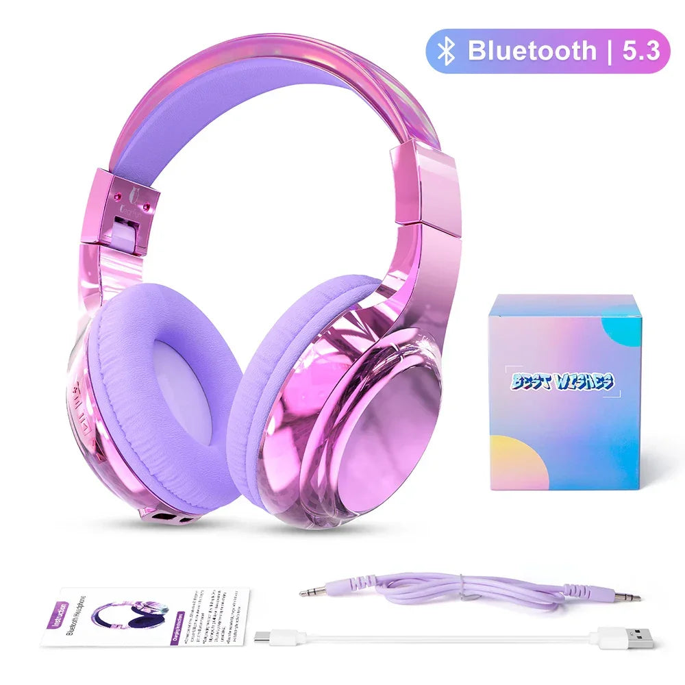 Glossy Gradient Pink Bluetooth5.3 Headphone For Girl Wireless Headphone with Mic Over Ear Headset for Girlfriend Christmas Gift