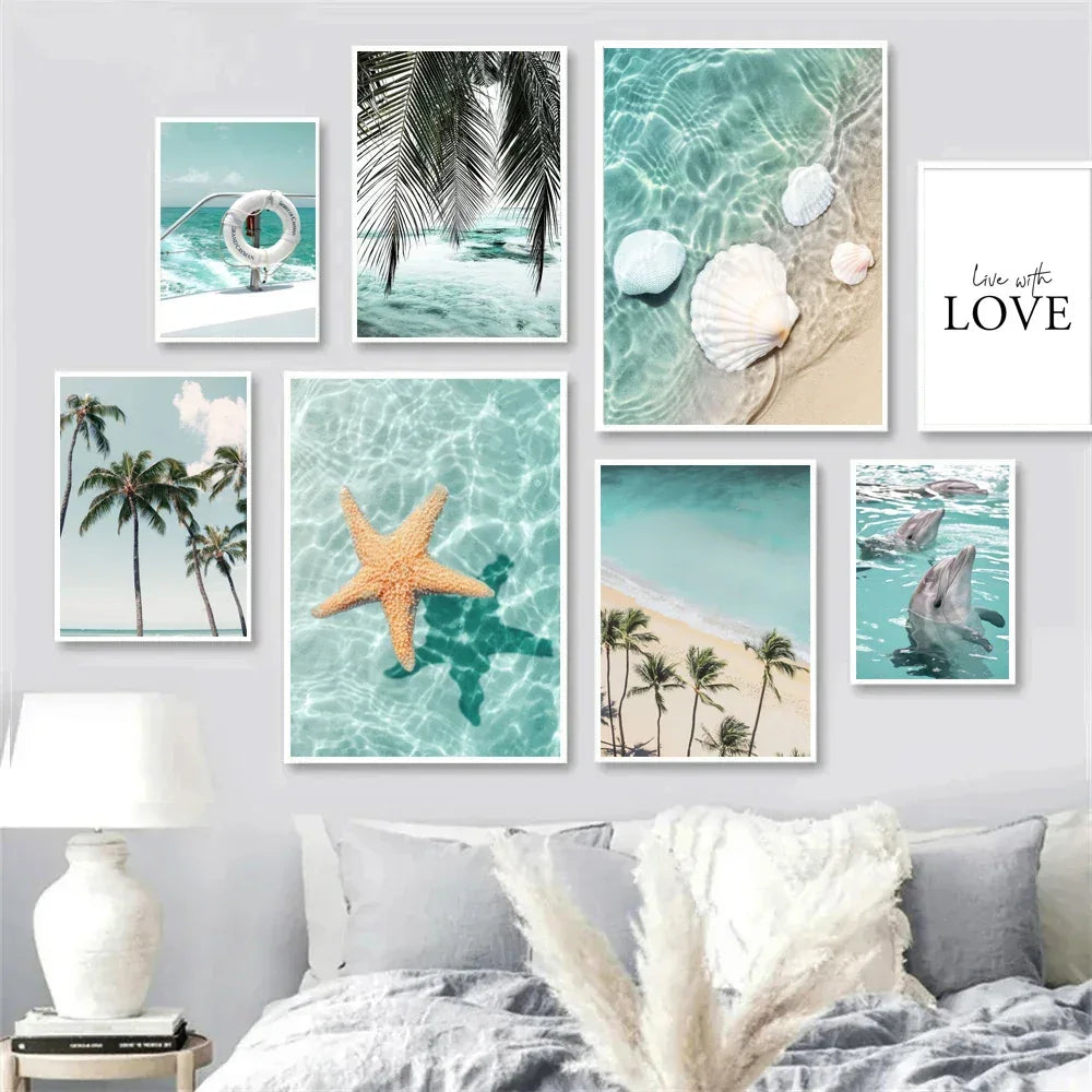 Sea Beach Posters Wall Art Canvas Painting Whale Starfish Coconut Shell Summer Seaside Scenery Pictures Nordic Room Home Decor