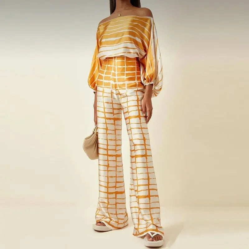 Casual Satin Commuting Suit Fashion Hollow Off Shoulder Tops With Long Pants Women 2 Piece Sets 2023 Spring Loose Print Outfits