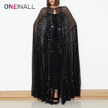 ONEINALLl Patchwork Sequins Solid Dresses For Women Round Neck Cloak Sleeve High Waist Spliced Button Long Dress Female Clothes