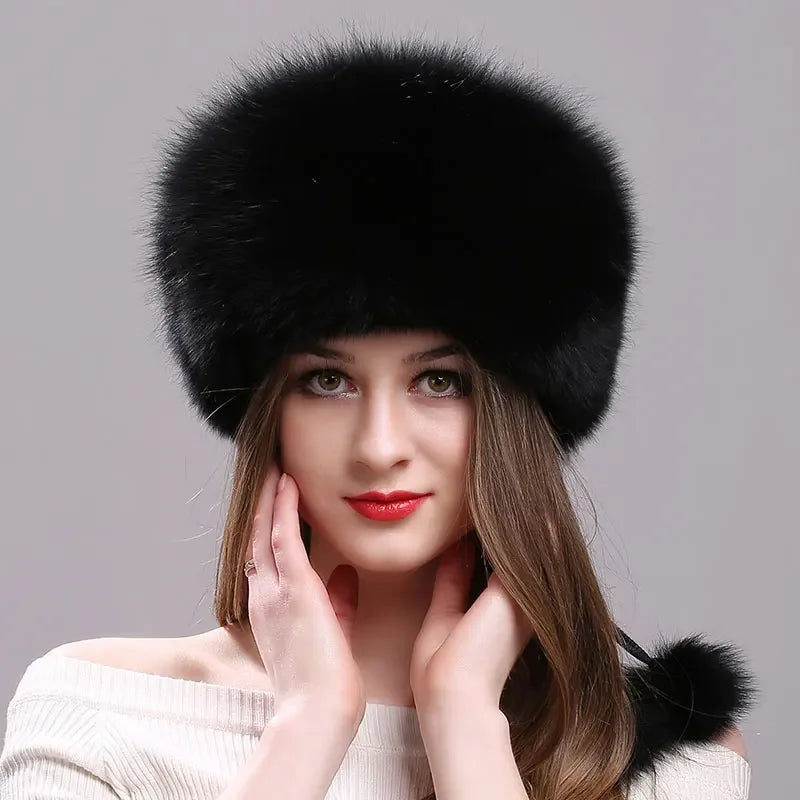 Real Fox Fur Hat for Women with Leather Top Mongolian Princess Hat with Pompom Winter Warm beanie Russian Cap Bonnets for Women LUXLIFE BRANDS