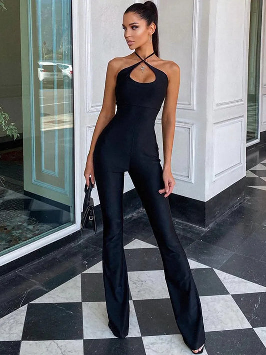 Neck Mounted Sexy Black Jumpsuits For Women Sleeveless Low Cut Elegant One Piece Outfit Slight Flared Pants Jump Suit Overall LUXLIFE BRANDS