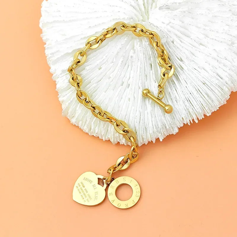 Korean Y2K Retro Stainless Steel Gold Plated Chain Heart Pendant Bracelet For Women Party Jewelry Set Beautiful Gifts LUXLIFE BRANDS