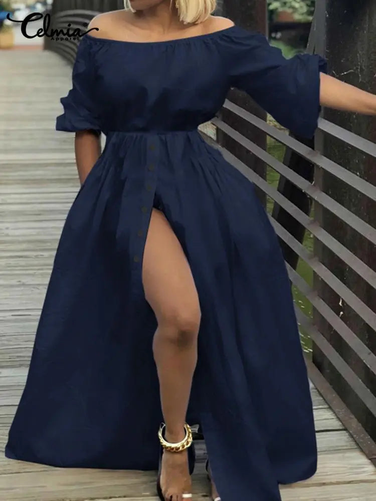 Women Sexy High Split Maxi Dress Celmia 2023 Summer Off Shoulder Long Dresses Vacation Casual Loose High Waist Solid Sundress