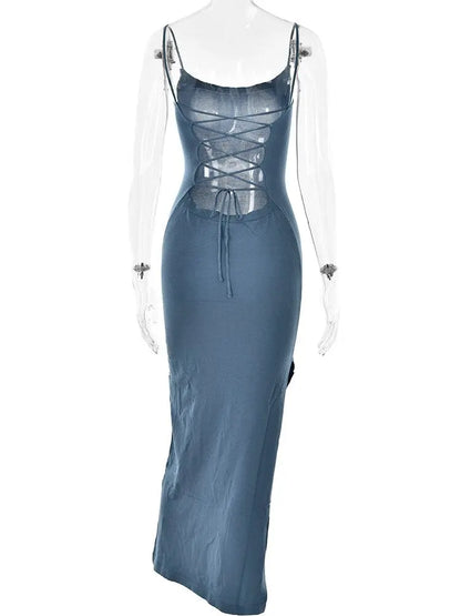 Fantoye Knit Spaghetti Strap High Slit Tight Women Dress Backless Tight Feminine Maxi Dress Elegant Prom Party Clothing