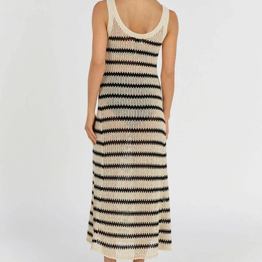 Black Striped Knitted Beach Dress Women Elegant Causal Loose Long Holiday Dresses Summer Sleeveless Bikini Cover Up Dress 2024 LUXLIFE BRANDS
