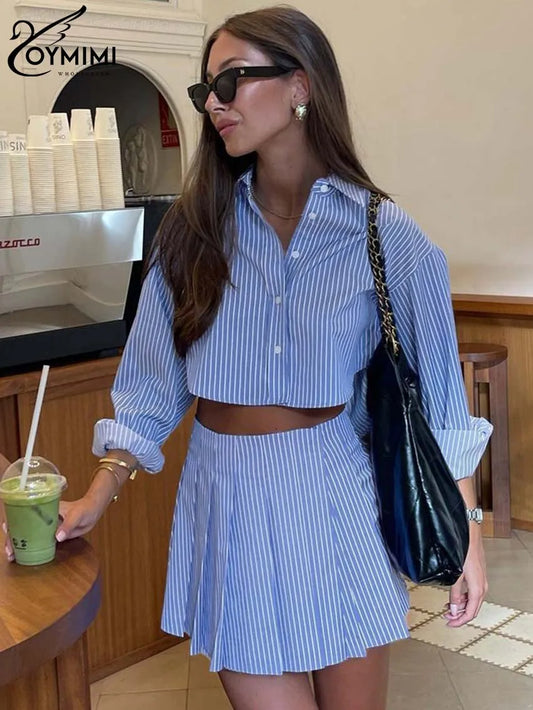 Oymimi Elegant Blue Striped Print Sets For Women 2 Pieces Fashion Long Sleeve Button Crop Tops And High Waist Pleated Skirts Set