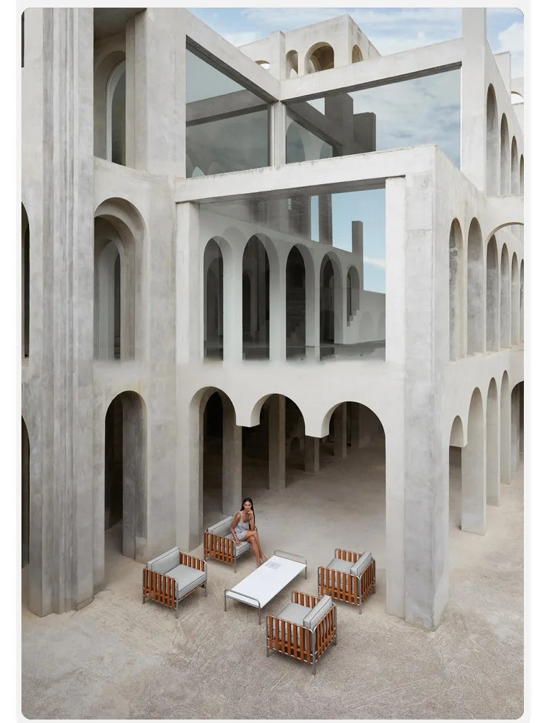 Outdoor stainless steel sofa rattan courtyard villa rain and sun coffee table combination