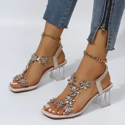 Sandals Women&#39;s Summer New Fashion Women&#39;s Shiny Butterfly Flowers Rhinestone Transparent Root Open Toe Sandals Women&#39;s Shoes