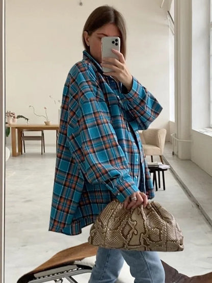 Aynaray 2023 Autumn Winter Women Oversized Thick Plaid Shirt Vintage Long Sleeve Green Blue Loose Fit Blouse Woman Female