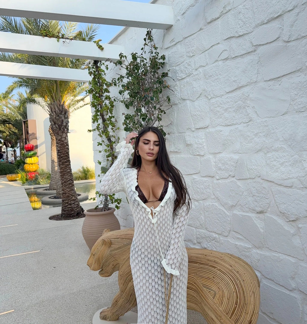 Sexy Frill Big V Neck Hollow Out Long Sleeve Maxi Dress Summer 2025 Feminine Swimwear Bikini Cover Up Women Holiday Outfits K221 Luxlife Brands