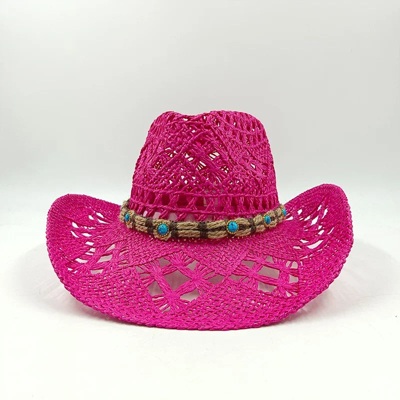 Hand-woven hollow denim straw hat men's and women's summer sunscreen hat western cowboy straw hat sombrero mujer sombrero hombre