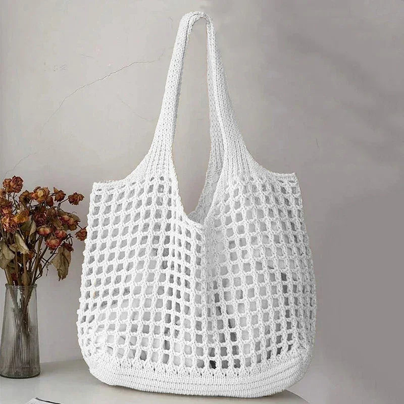 Women Crochet Tote Bag Hollow Beach Bag Large Capacity Fashion Knitted Bag Solid Color Simple Shopping Bag for Travel Vacation