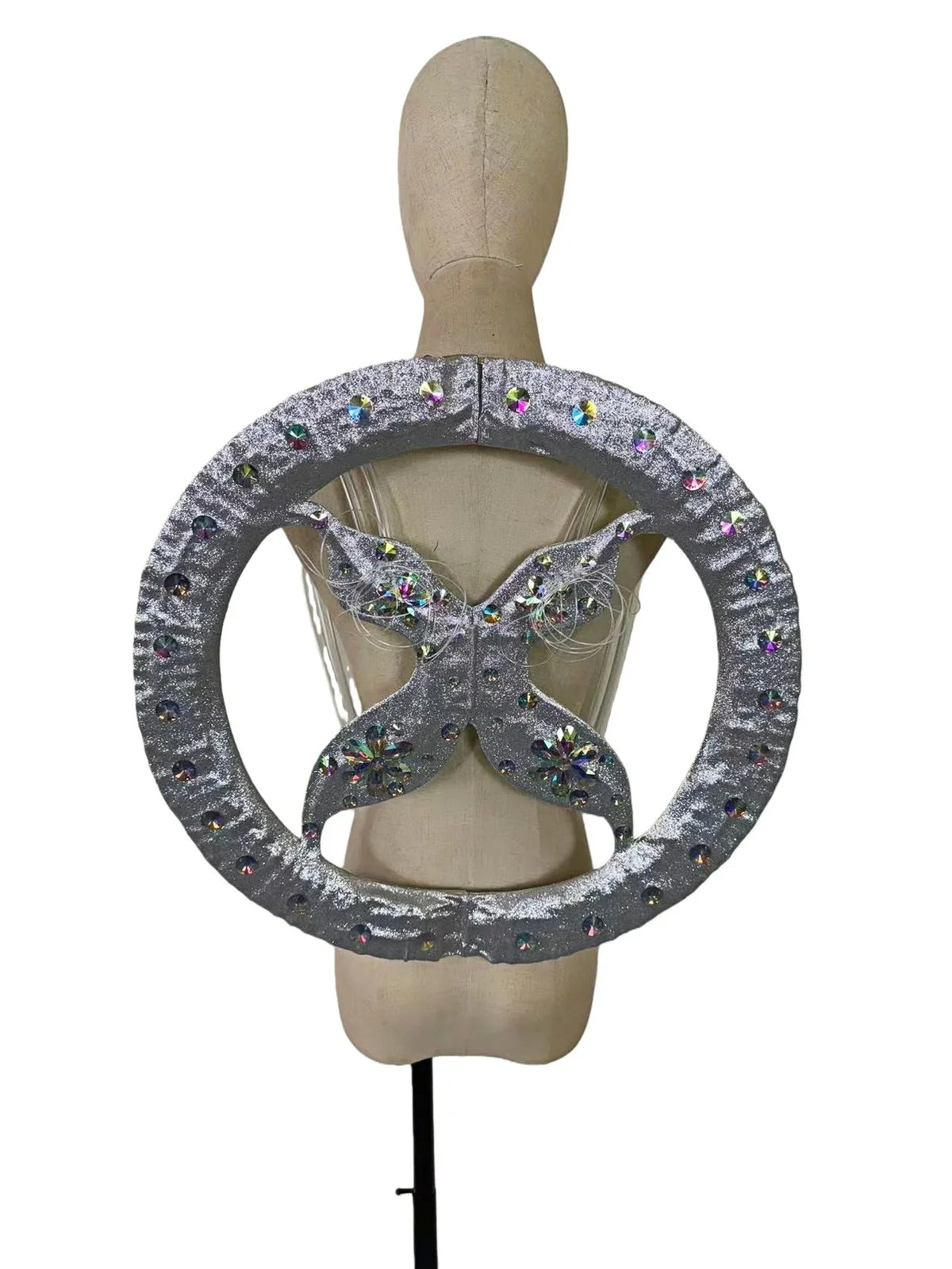 Rhinestone-Embellished Feather Backpiece Frame with Harness