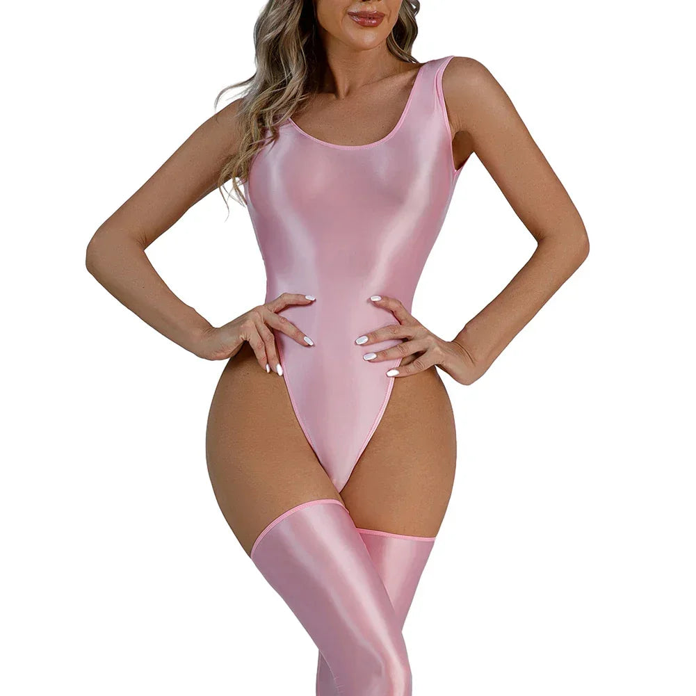 Women Sexy Oil Shiny Bodysuit Strap Solid Swimsuit High Cut Bikini Thong Leotard Thin Smooth Jumpsuit Summer Breath Nightwear