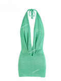 2026 Women New Year Bright Silk Dresses Sexy Stacked V Halter Neck Backless Knit Beach Mini Dress Summer Swimsuit Cover Up K145 Luxlife Brands