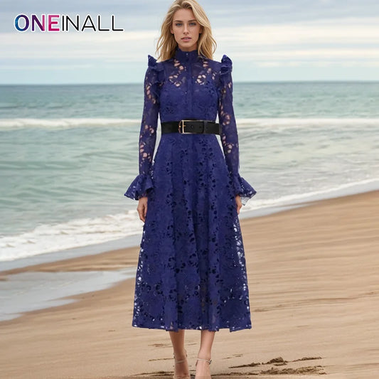 ONEINALL Hollow Out Embroidery Dresses For Women Stand Collar Flare Sleeve High Waist Spliced Belt Slimming Dress Female Clothes