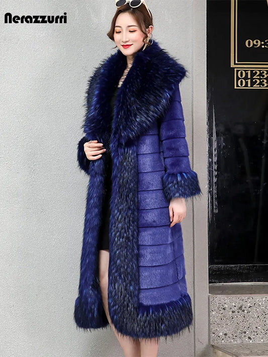 Nerazzurri Winter Long Striped Warm Sapphire Blue Luxury Fluffy Faux Mink Fur Coat with Fox Fur Trim European Overcoat Fashion LUXLIFE BRANDS