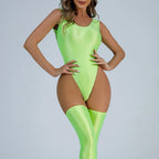 Women Sexy Oil Shiny Bodysuit Strap Solid Swimsuit High Cut Bikini Thong Leotard Thin Smooth Jumpsuit Summer Breath Nightwear Luxlife Brands
