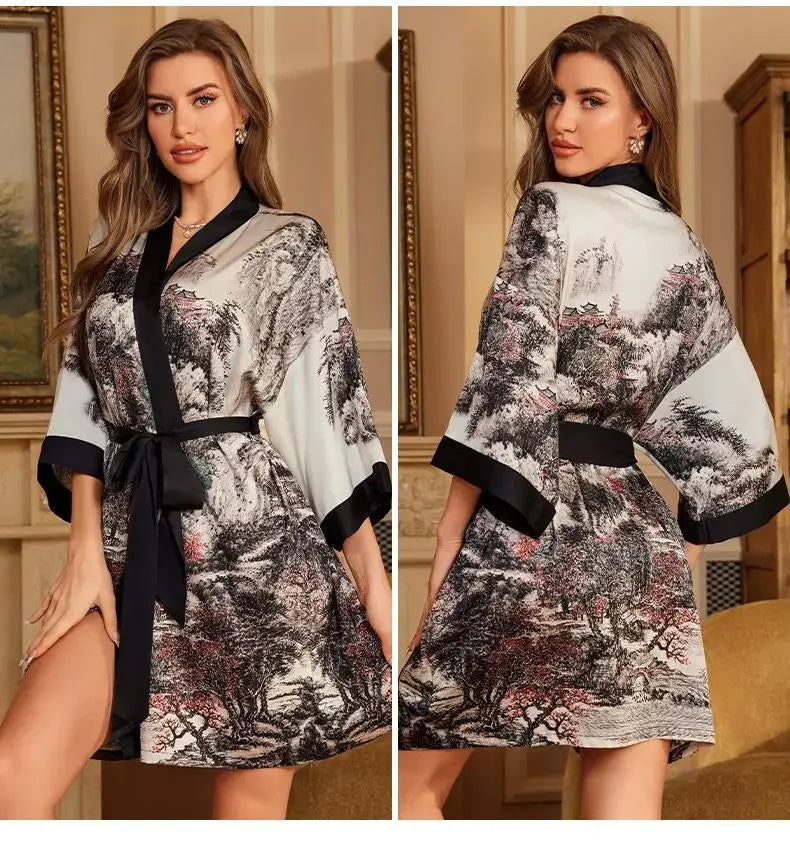 Female Robe Nightgown Summer Satin Sleepwear Loungewear Silky Printing Kimono Bathrobe Gown Yukata Sexy Casual Nightwear