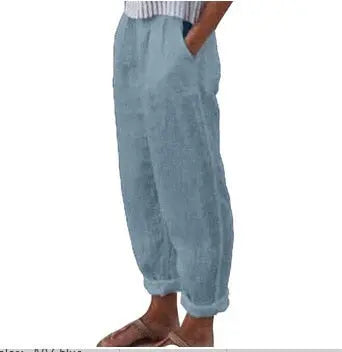 Casual Women Cotton Linen Pants Vintage Lace Stitching Hollow Loose Trousers Fashion Solid Pocket Female Harem Pants Streetwear