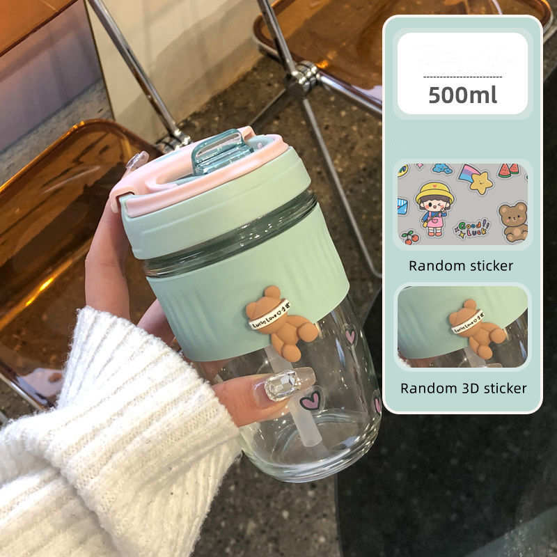 Cute Mini 500ml Coffee Cup Portable Double Drink Coffee Glass Water Cup With Straw Non-slip Travel Mug Milk JuiceTeaBreakfastCup