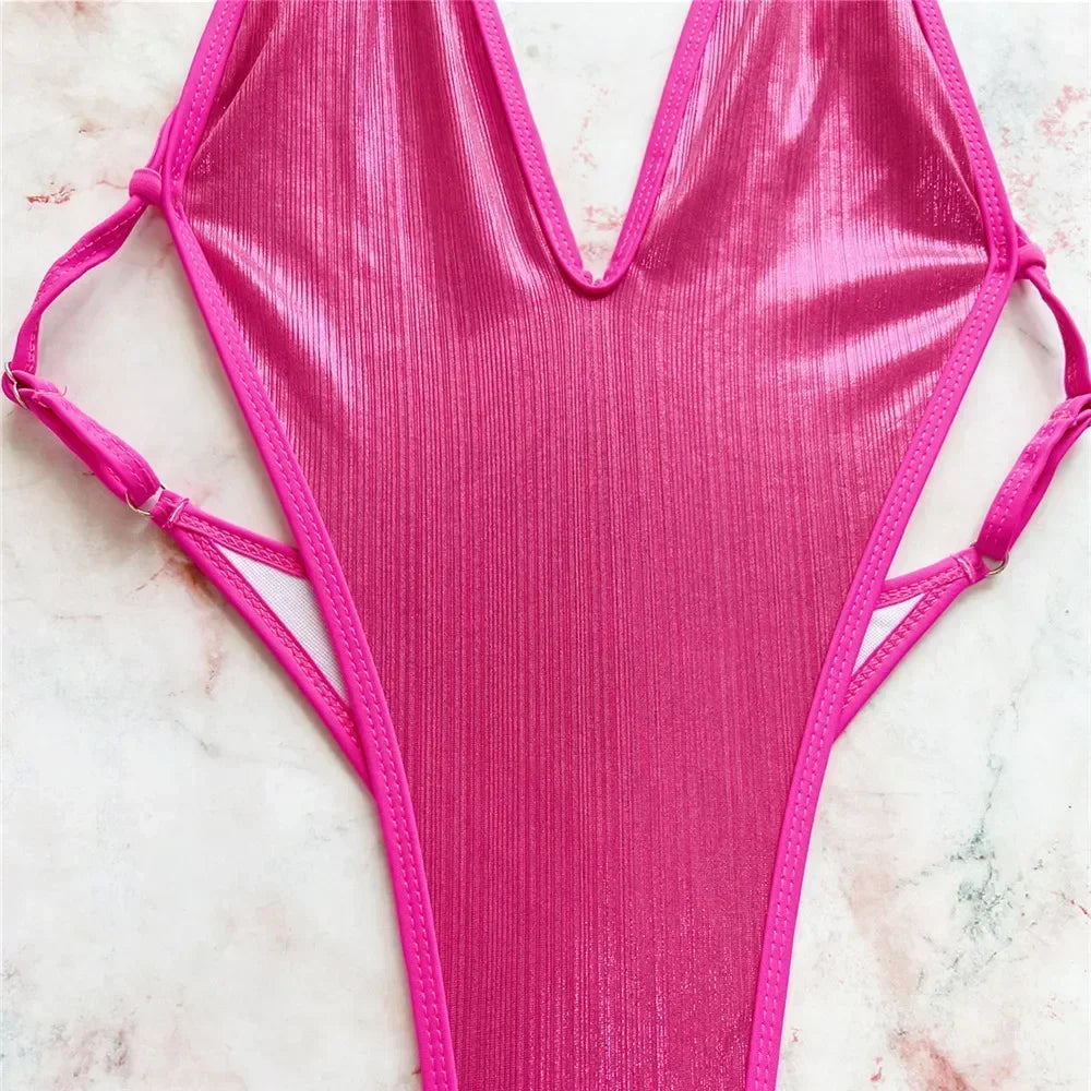 Sexy Rose Red Shiny Backless Swimsuit Women One Piece Swimwear 2025 Micro Thong Back Cross String Monokini High Cut Bathing Suit Luxlife Brands