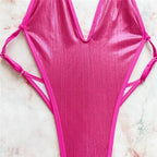 Sexy Rose Red Shiny Backless Swimsuit Women One Piece Swimwear 2025 Micro Thong Back Cross String Monokini High Cut Bathing Suit Luxlife Brands