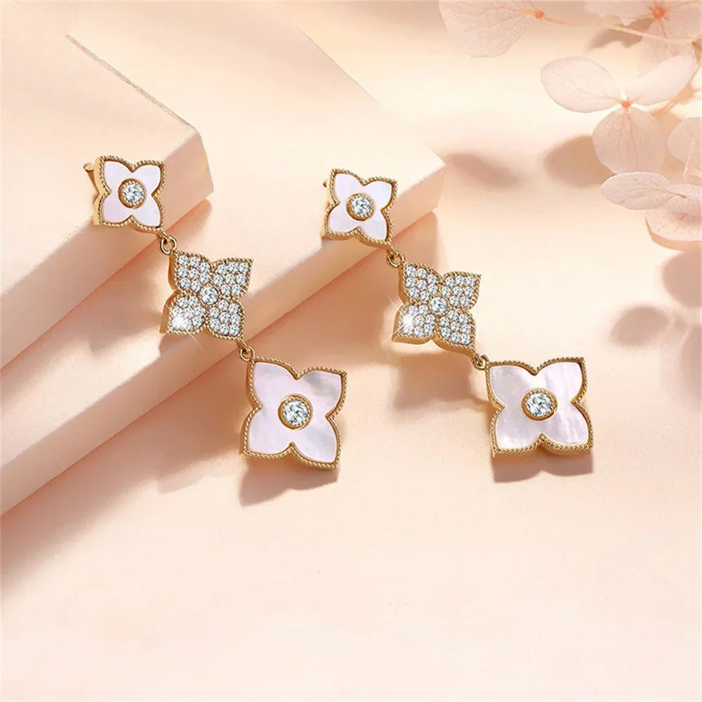 Clover Gold Earrings Repeated Use Earring Rhombus Sanhua Clover Gold Stud Earrings Beautiful Color Popular Accessories Long LUXLIFE BRANDS