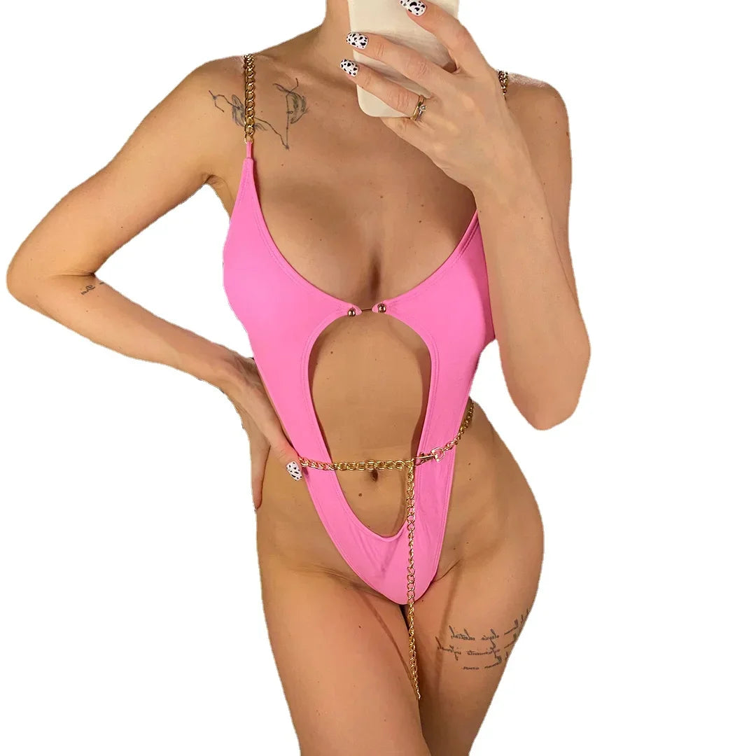Sexy Metal Chains String High Cut One Piece Swimsuit Women Swimwear Female Monokini Tummy Cut Out Bathing Suit Swim Beach Wear Luxlife Brands