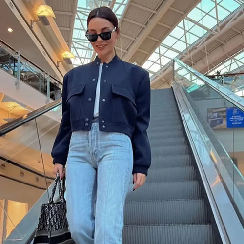 Bomber Jacket Women 2023 Fashion Button Pocket Long Sleeve Crop Tops Streetwear Baseball Jackets Winter Casual Coats Outerwear LUXLIFE BRANDS