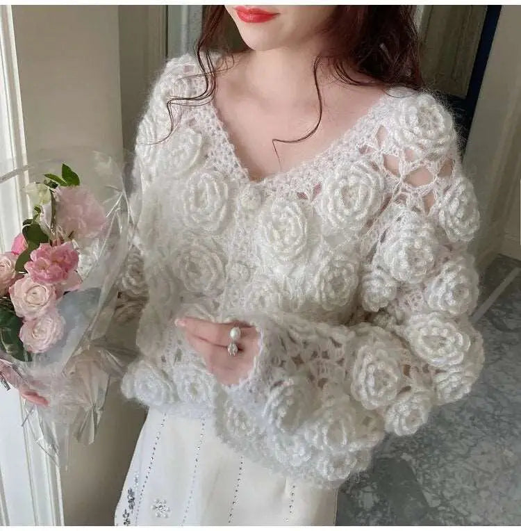 2022 Autumn and Winter New Mohair Sweater Coat Women's Handmade Three-Dimensional Rose Flower Heavy-Duty Knitted Cardigan