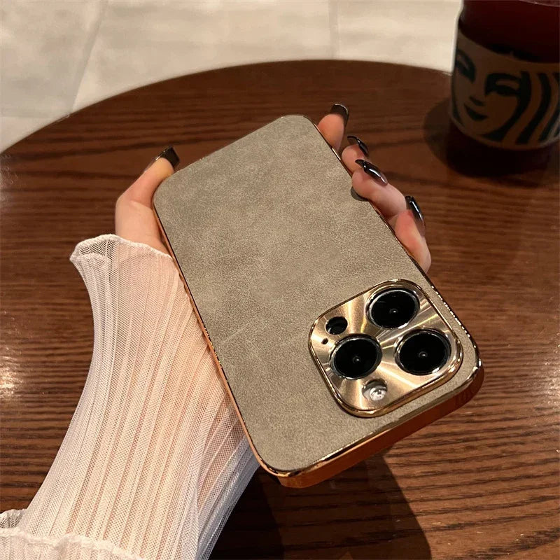 Sheepskin Phone Case For iPhone 15 11 13 12 14 16 Pro Max Plus Plating Bumper Turn Fur Lambskin Leather Metal Lens Phone Cover