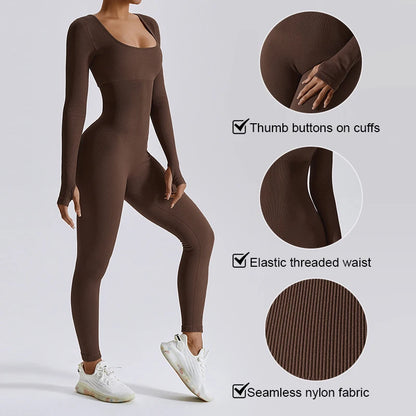 Women Yoga Jumpsuits One Piece Workout Ribbed Long Sleeve Rompers Square Neck Sport Exercise Bodysuits Gym Sportswear