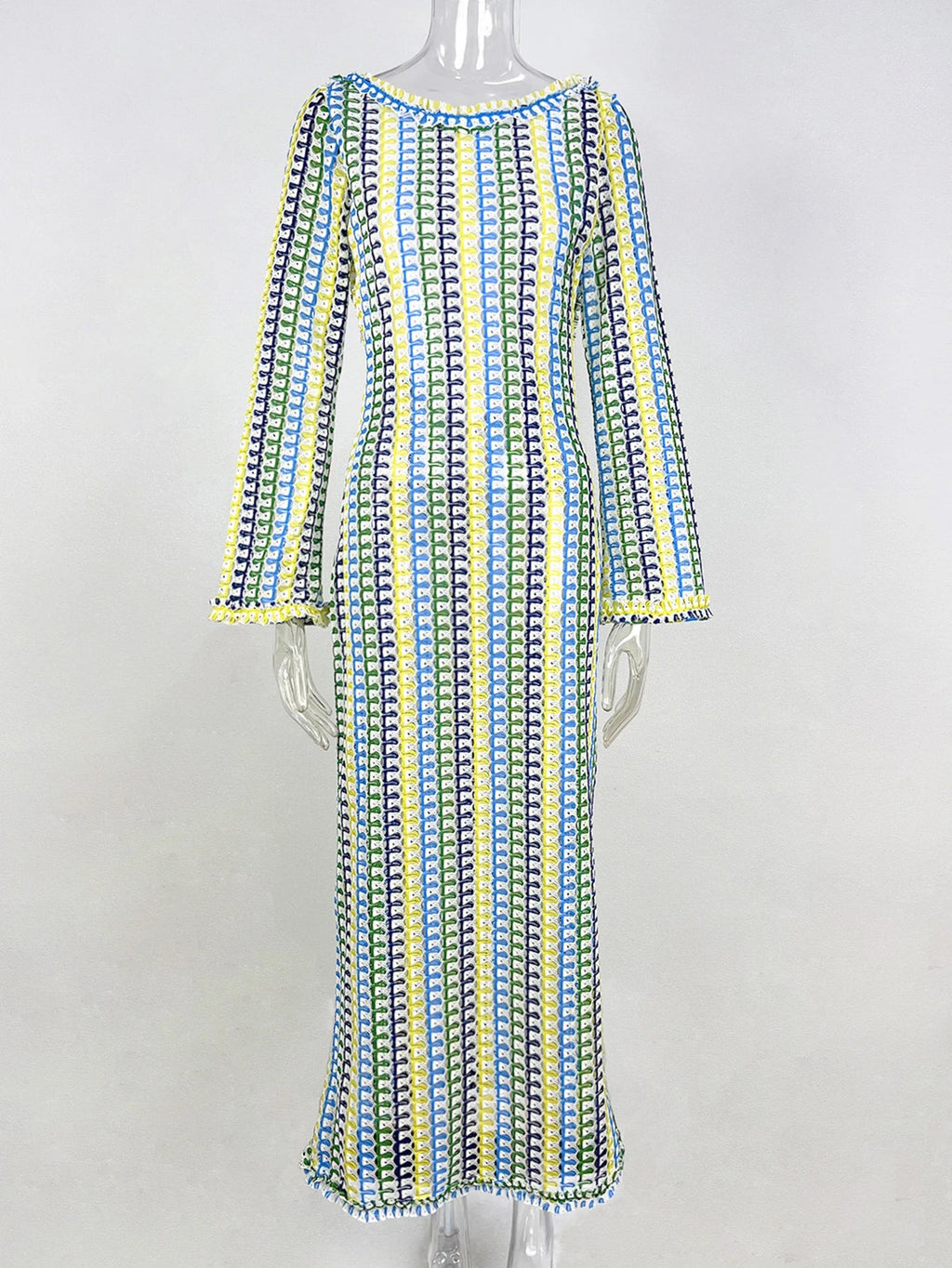 Sexy Backless Flare Sleeve Lace Knit Cut Out Party Beach Maxi Dress 2025 Summer Women Vacation Beachwear Swimsuit Cover Up A2815 Luxlife Brands