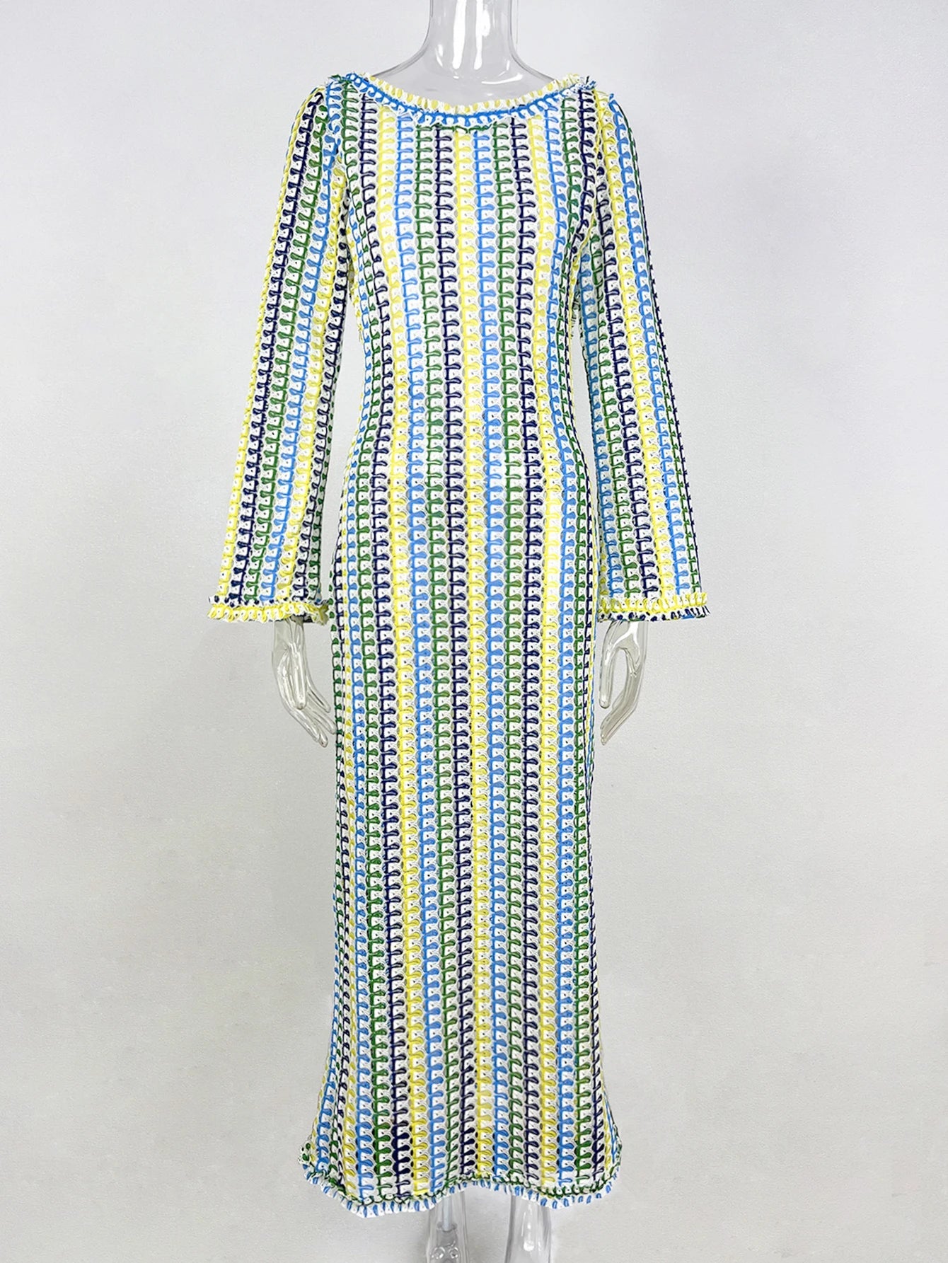 Sexy Backless Flare Sleeve Lace Knit Cut Out Party Beach Maxi Dress 2025 Summer Women Vacation Beachwear Swimsuit Cover Up A2815 Luxlife Brands